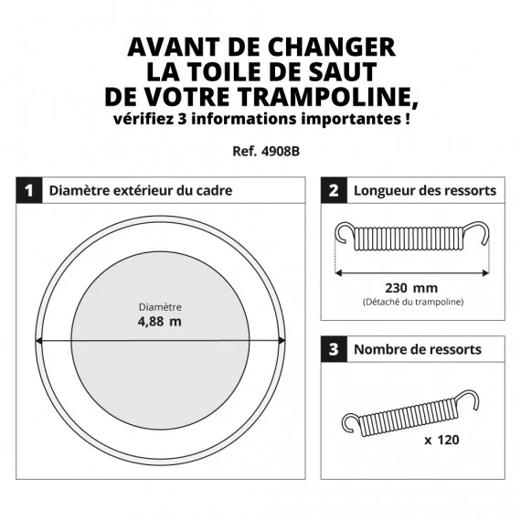 Toile de saut pour trampoline Ø 488 à 120 ressorts 230 mm