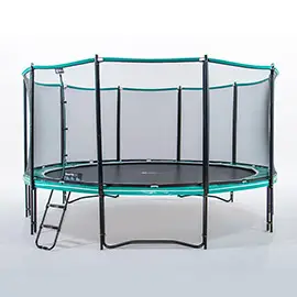 Round garden trampoline with enclosure